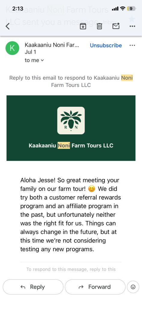 My rejection note from Real Noni Farms